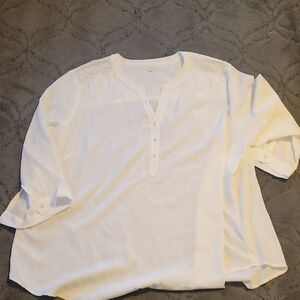 Women's White Crochet Shoulder Henley Blouse